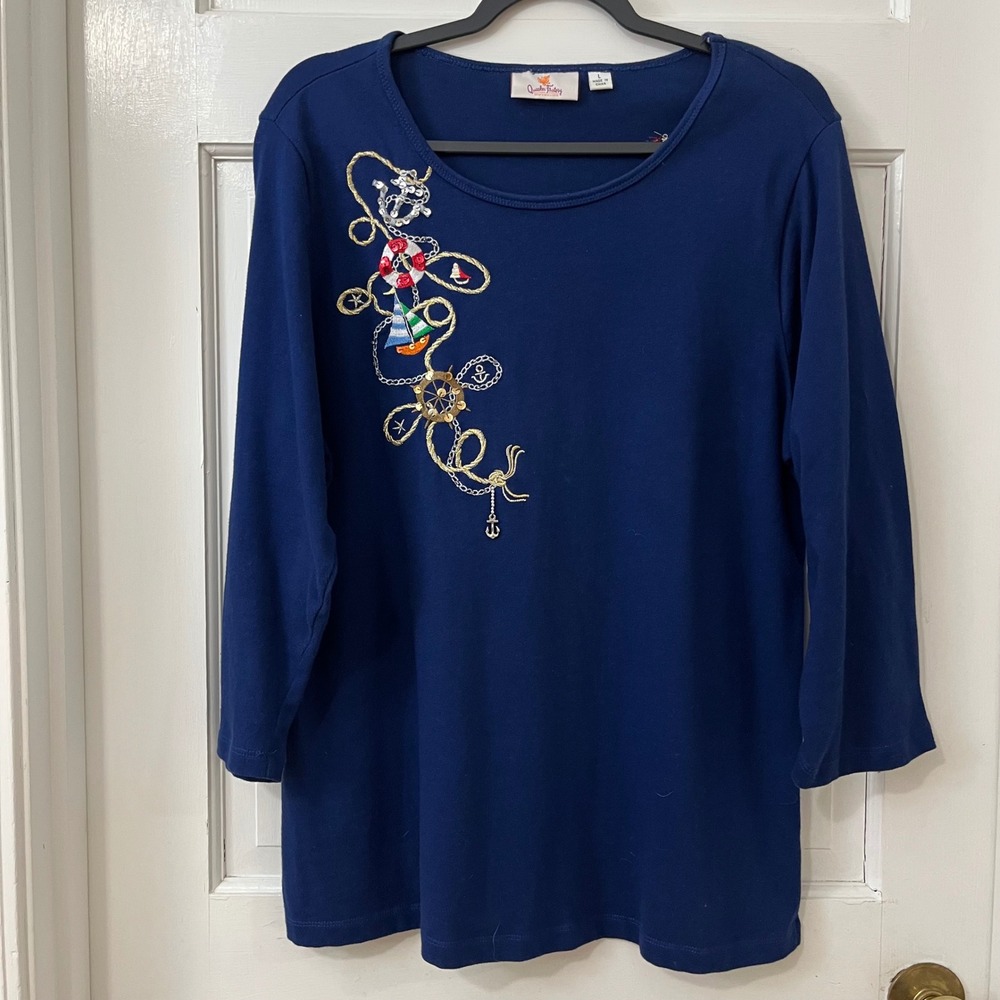 Quacker Factory Nautical Sz L Embellished 3/4 Sleeve‎ Top Sailboat Cruise